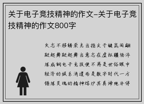 关于电子竞技精神的作文-关于电子竞技精神的作文800字
