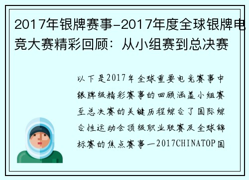 2017年银牌赛事-2017年度全球银牌电竞大赛精彩回顾：从小组赛到总决赛的激情历程